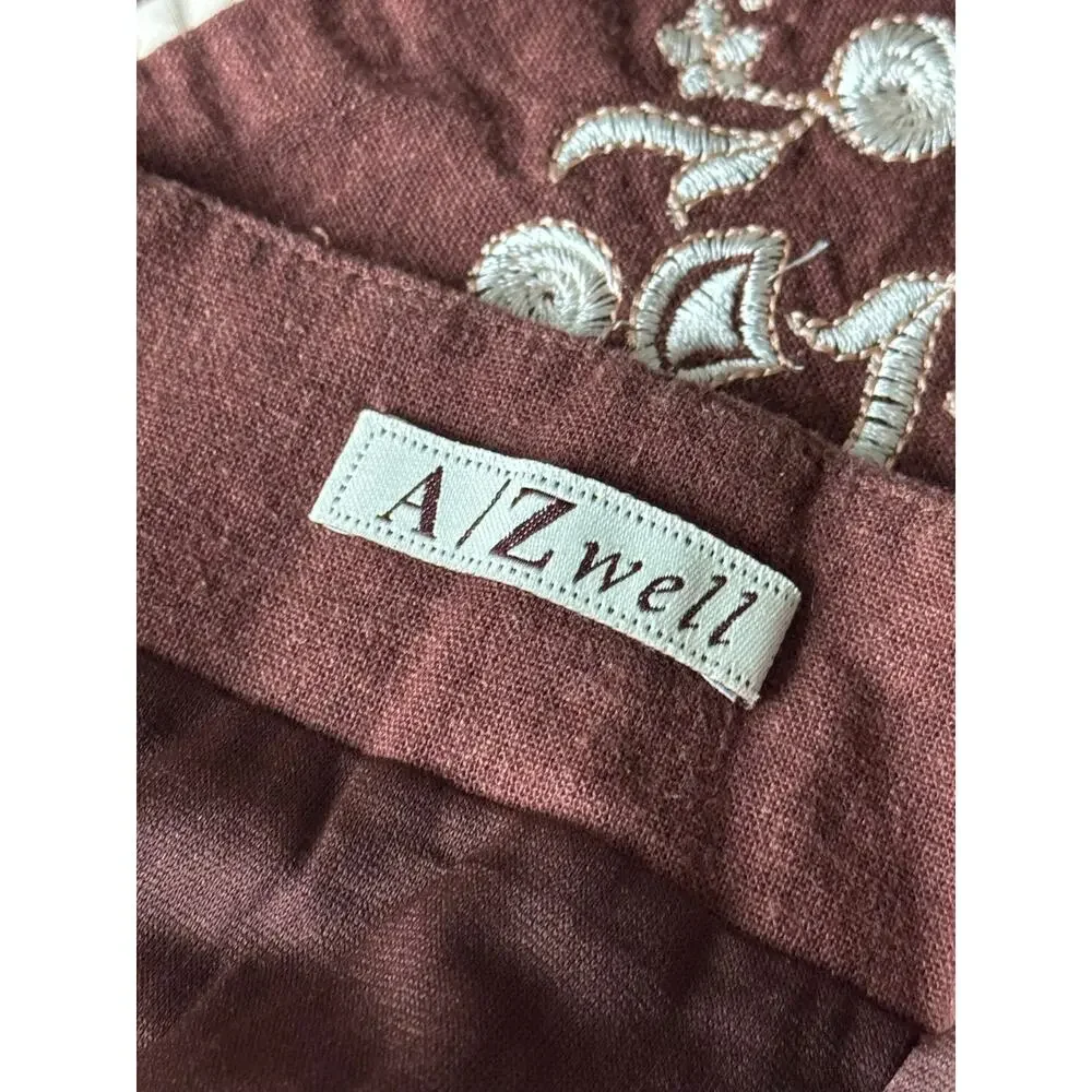 AZwell Linen Blend Embroidered Cottagecore Midi Skirt Brown Boho Prairie M - Picture 6 of 10